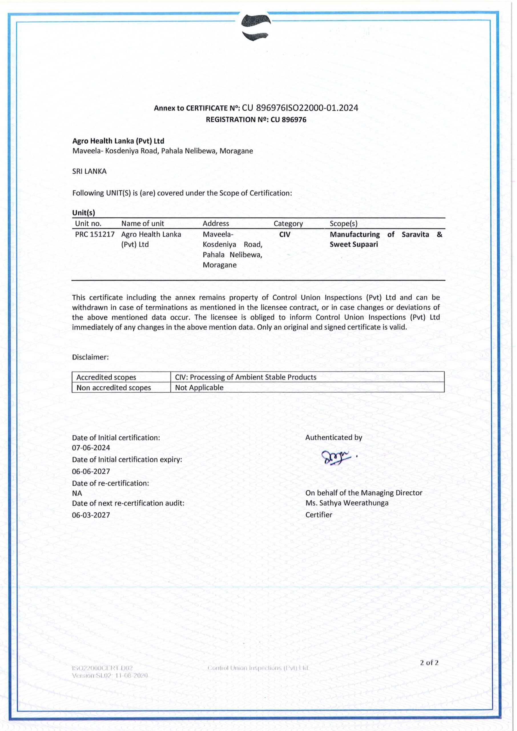 CERTIFICATE N° CU896976ISO22000-01.2024-Agro Health Lanka_page-0002